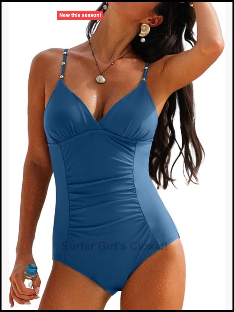 One Piece Swimsuit Tummy Control V Neck Ruched Push Up Gold Metal Modest